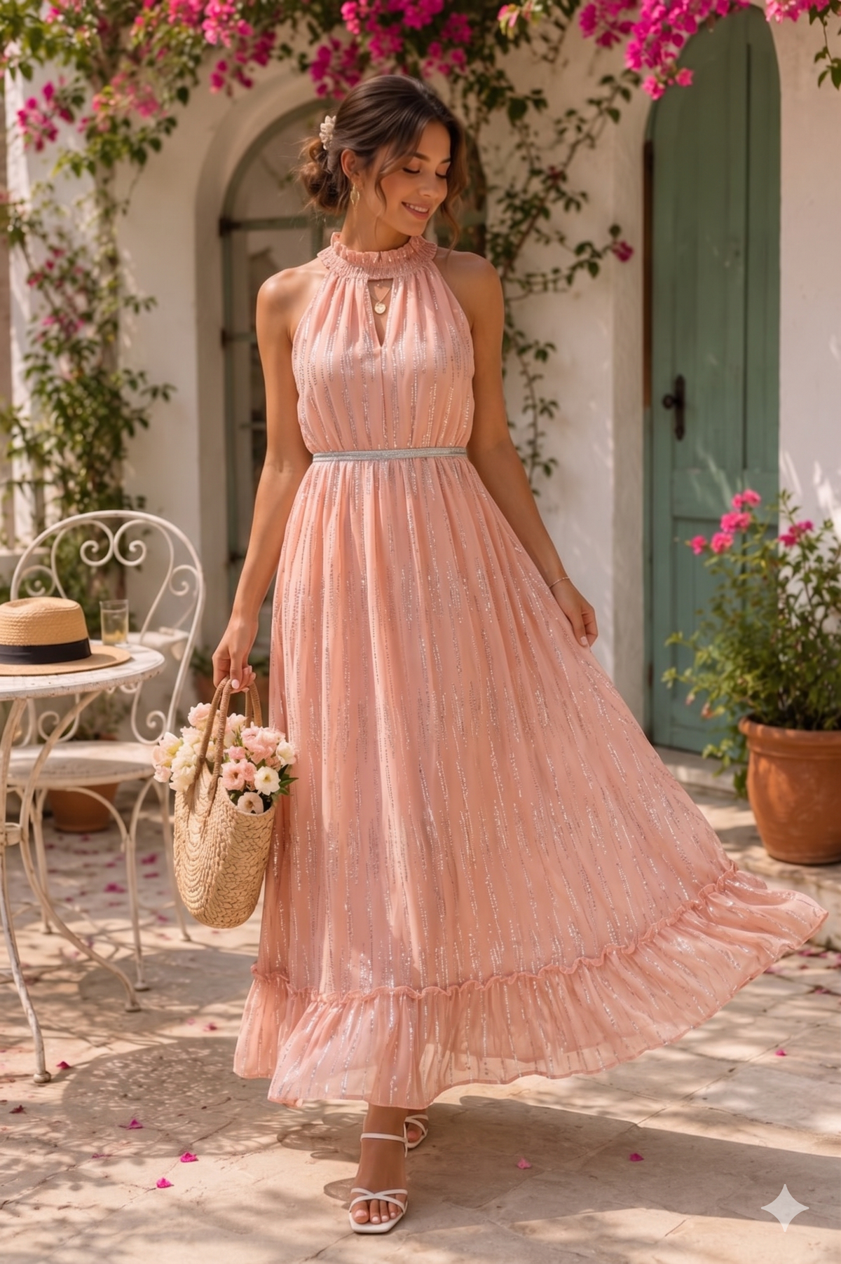 The Sunset Glow - Women's Flowy Soft Peach Halter Neck Evening Dress