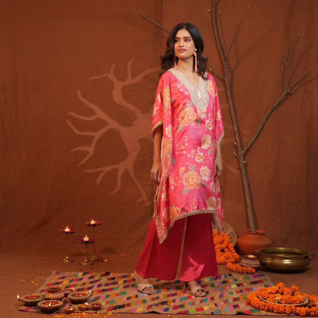 Hot pink floral print kaftan set with embroidered V-neck yoke and coral palazzo