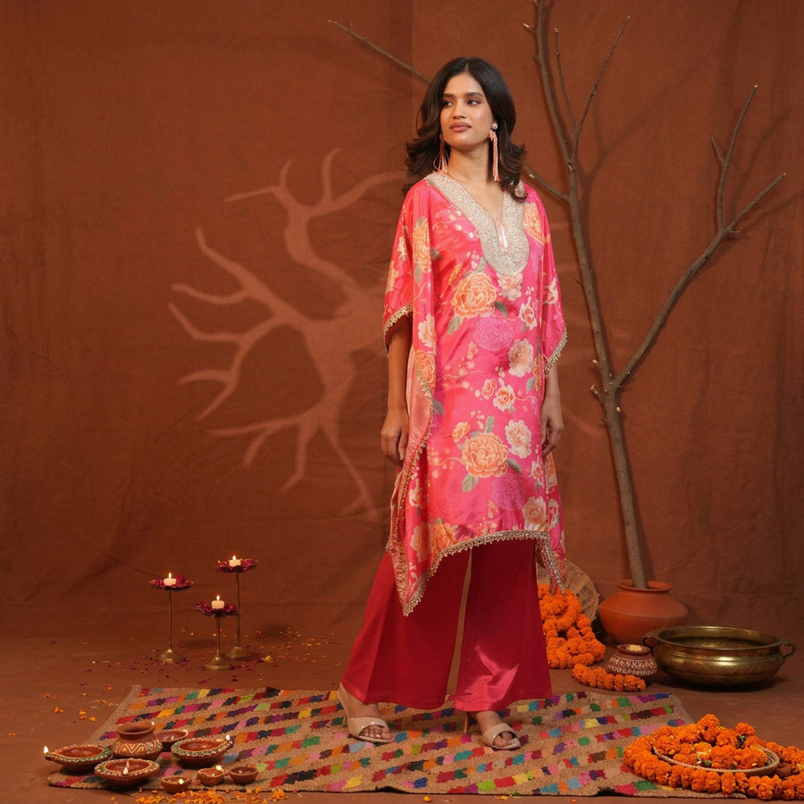 Hot pink floral print kaftan set with embroidered V-neck yoke and coral palazzo