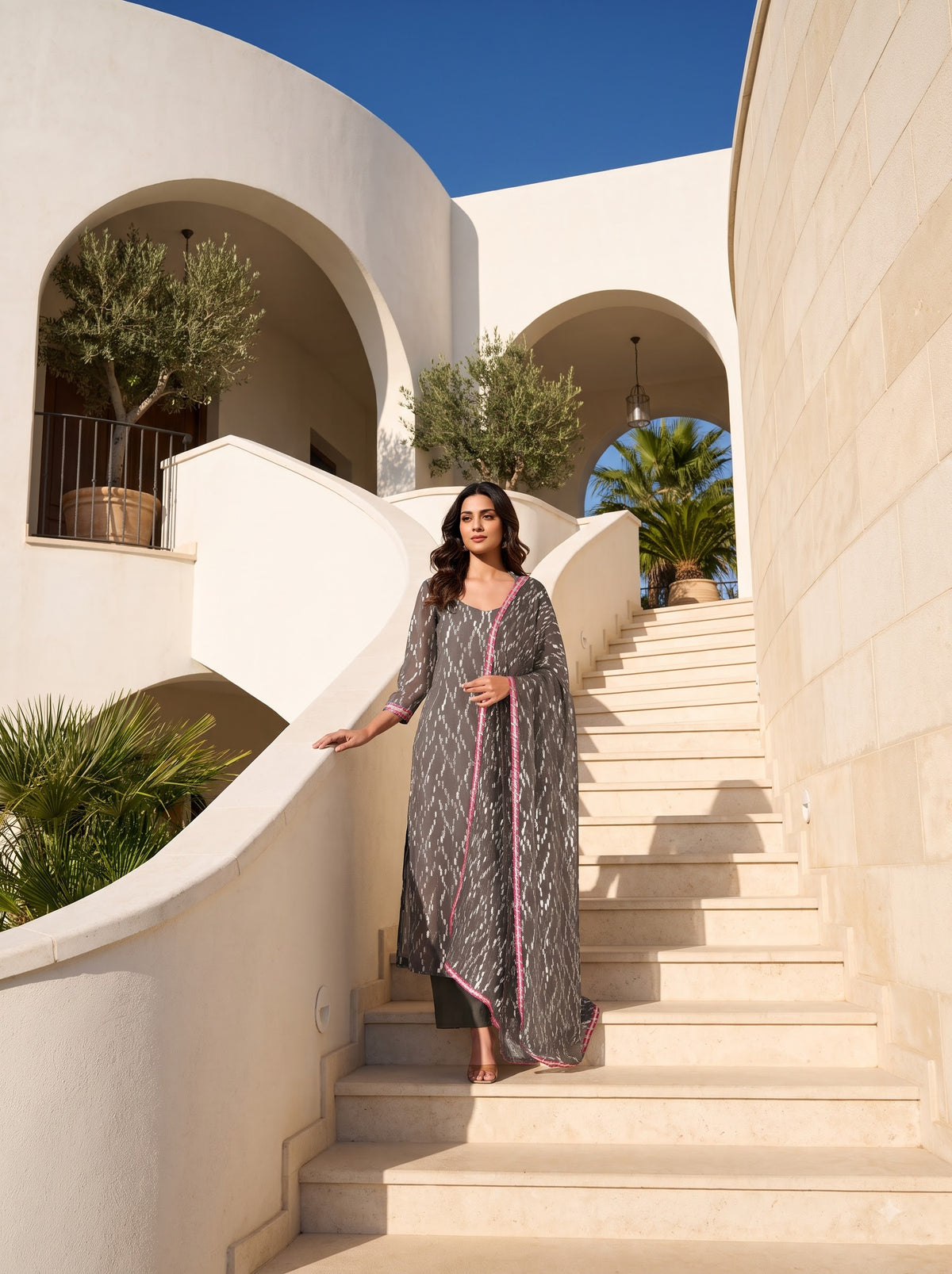 Women's Grey Viscose Lurex Collared Kurta with Straight Pants & Dupatta Set