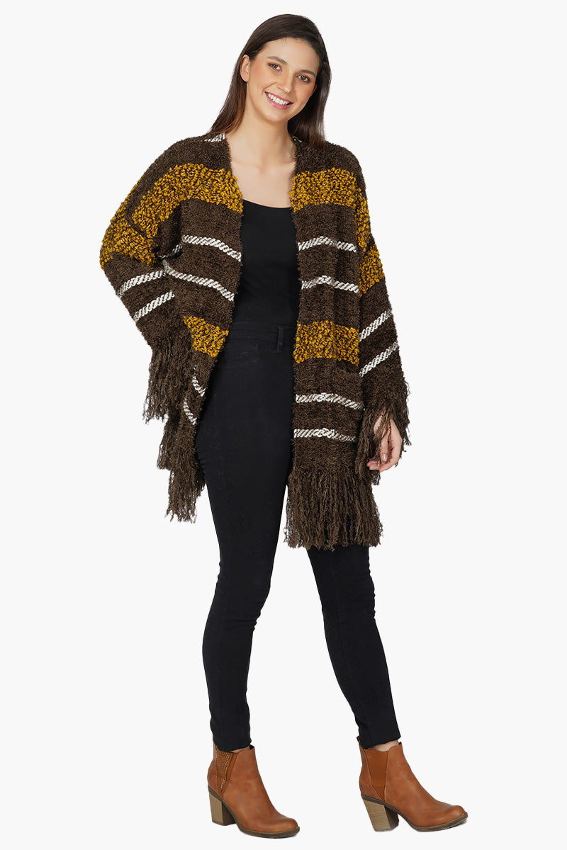 Chocolate Brown Fringed Sleeves Shrug