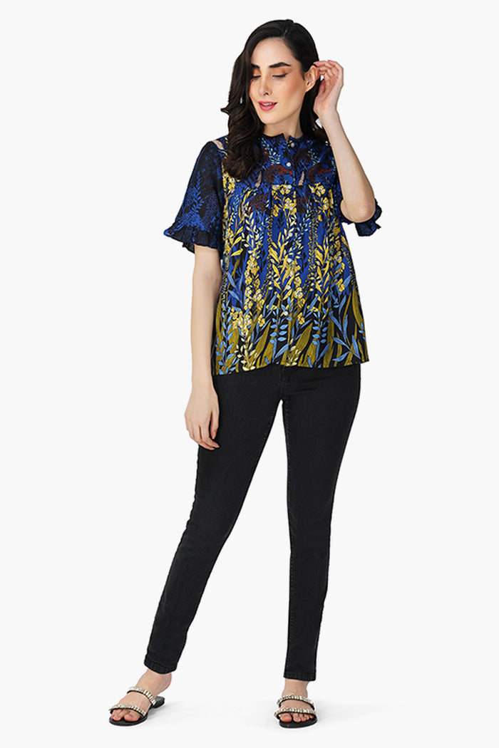 Azure Bloom Half-Sleeve Top