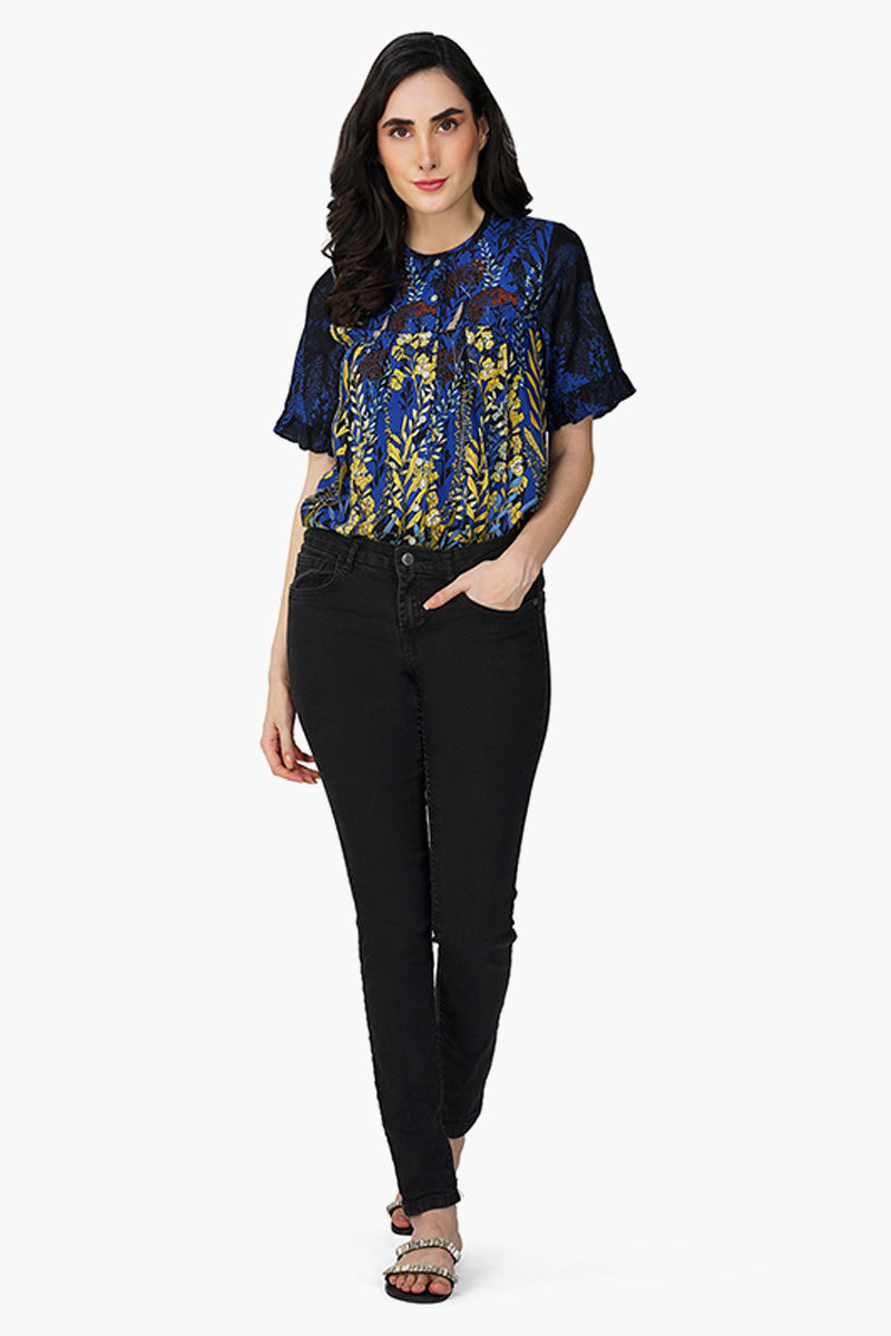 Azure Bloom Half-Sleeve Top