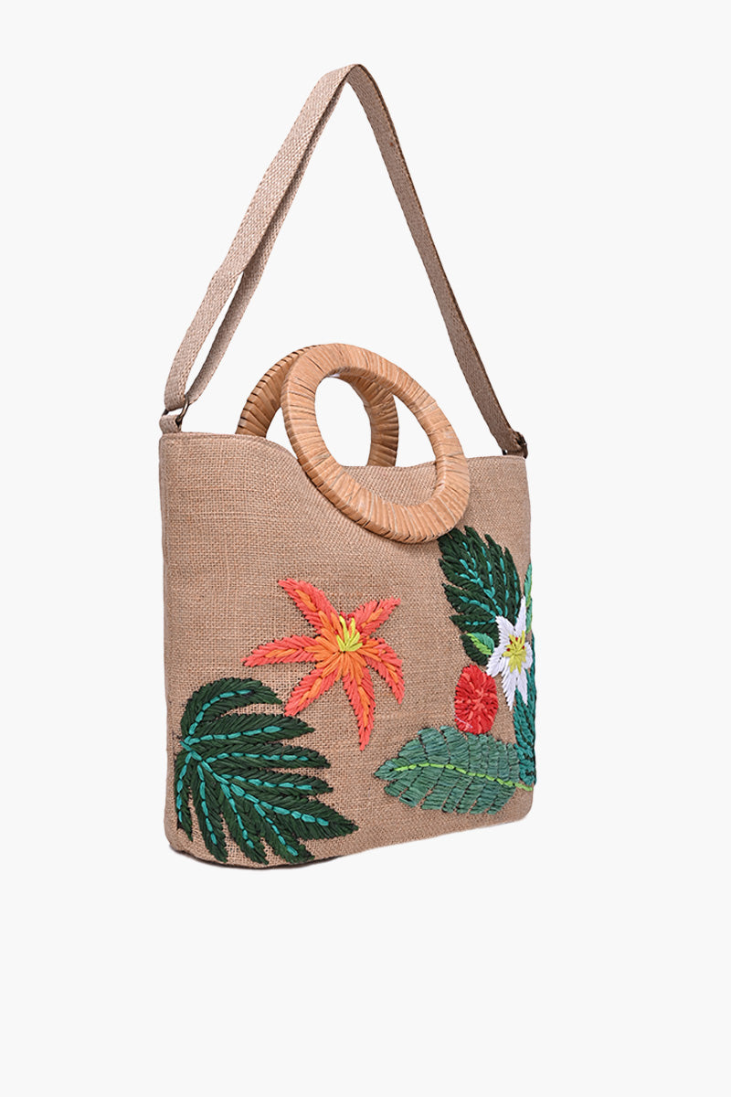 Floral Embroidered Wicker Handle Tote Bag