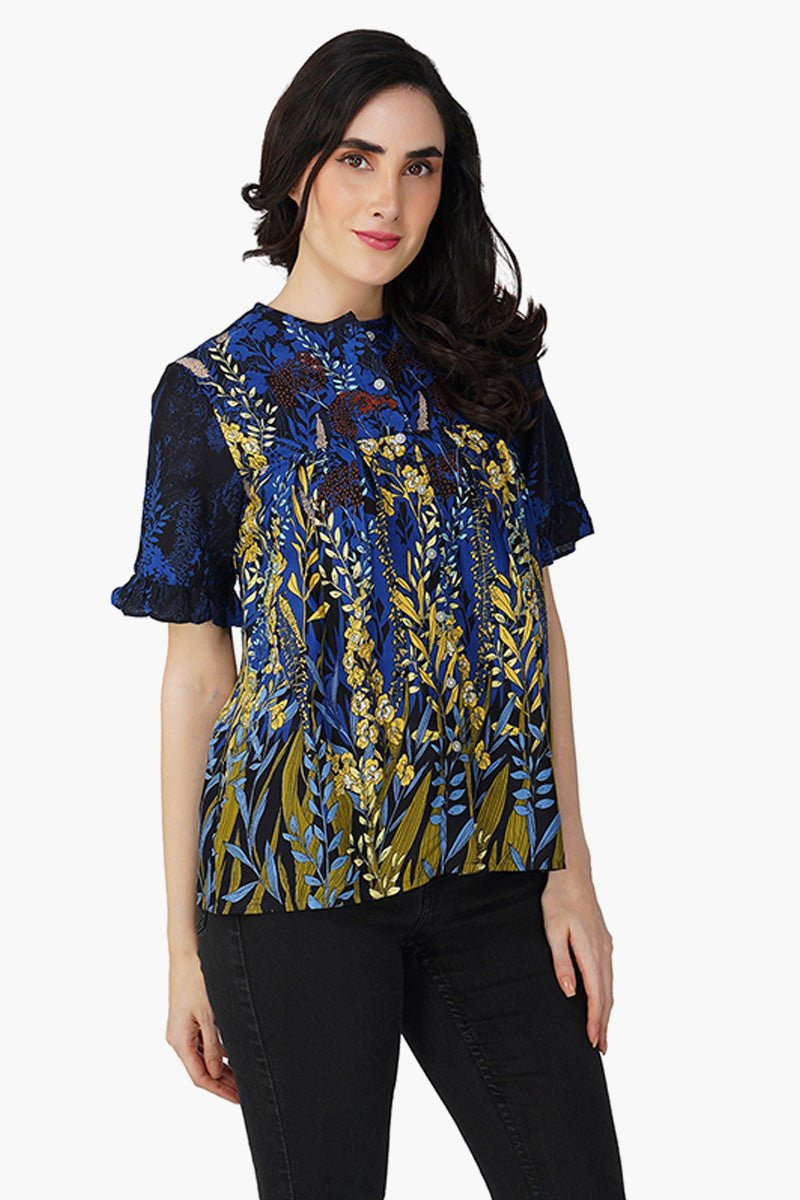 Azure Bloom Half-Sleeve Top
