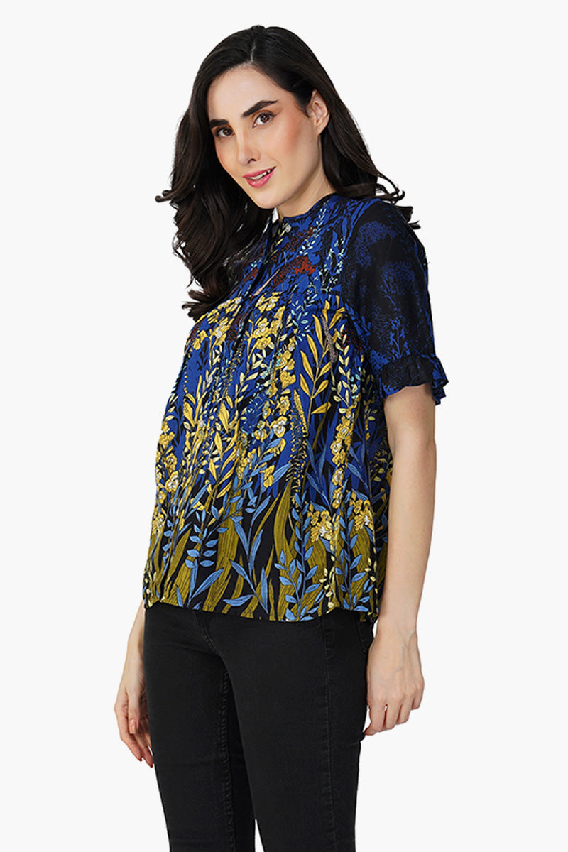 Azure Bloom Half-Sleeve Top