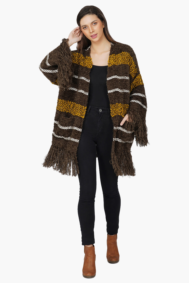 Chocolate Brown Fringed Sleeves Shrug