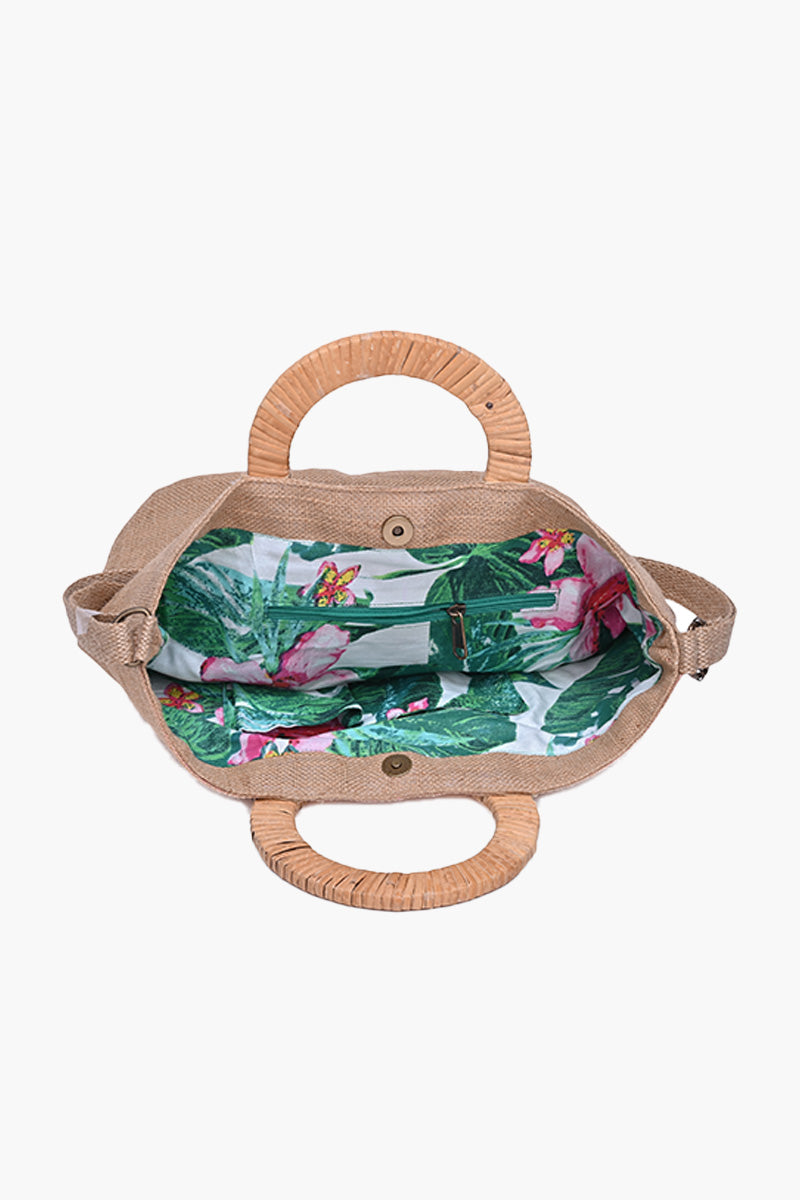 Floral Embroidered Wicker Handle Tote Bag