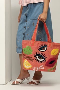 Natural Jute Summer Vibes Embroidered Tote Bag