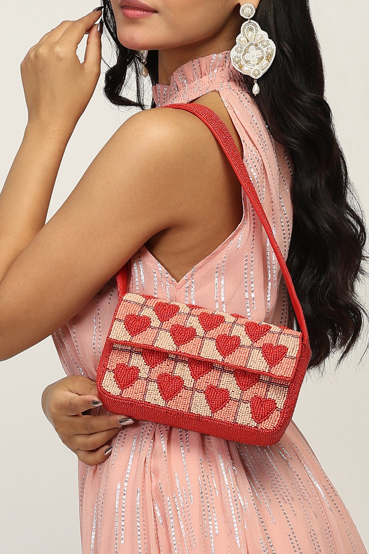 Handcrafted Embossed Heart Fully Beaded Luxury Shoulder Bag - Valentine's Special Evening Purse