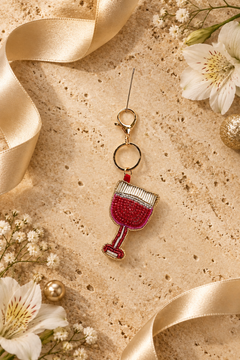 Handcrafted beaded wine glass bag charm with gold lobster clasp