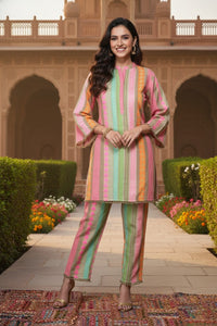 Bohogirl Women's 100% Pure Cotton Multi-Color Striped Co-Ord Set