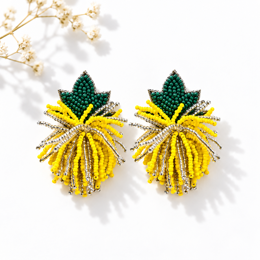 Tropical Beaded Pineapple Fringe Earrings