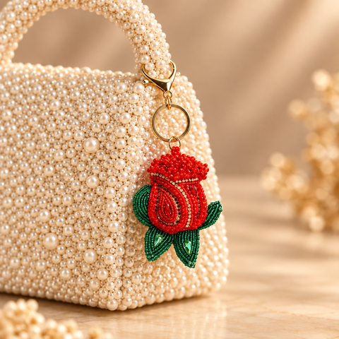 Red Rose beaded keychain with green leaves and gold tone lobster clasp