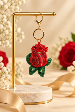 red rosebud made with glass seed beads and crystal detailing