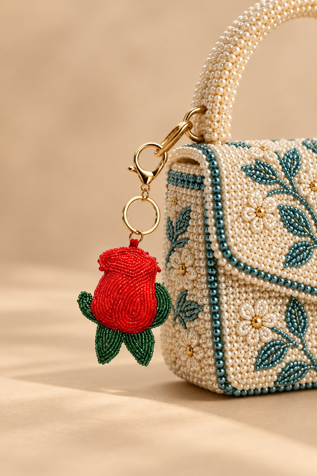 Boho Girl Rosebud beaded bag charm in red with green leaves
