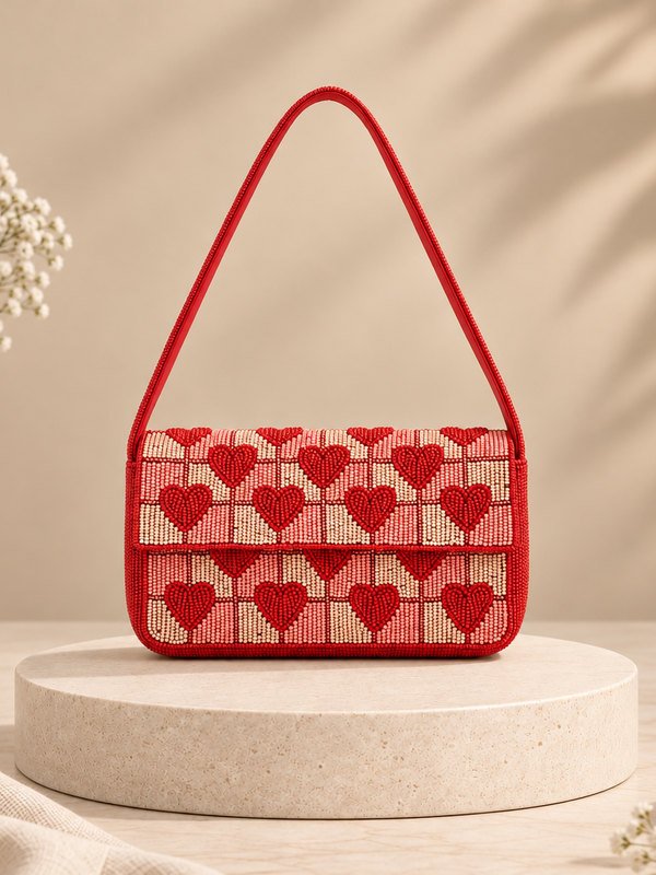 Handcrafted Embossed Heart Fully Beaded Luxury Shoulder Bag