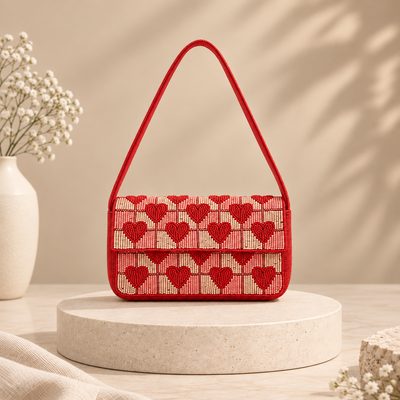 Handcrafted Embossed Heart Fully Beaded Luxury Shoulder Bag