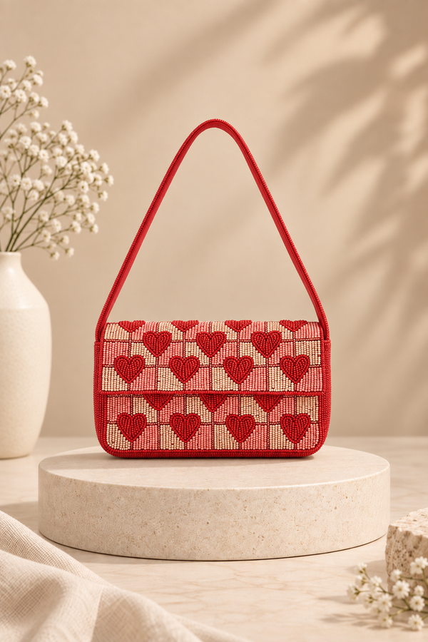 Handcrafted Embossed Heart Fully Beaded Luxury Shoulder Bag
