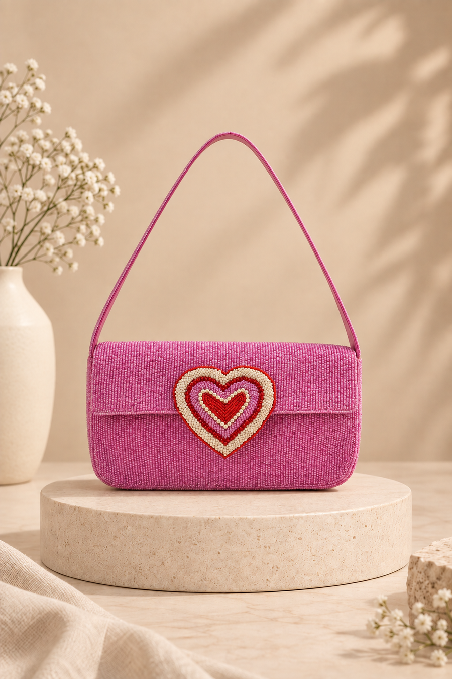 Chic Pink Heart Embellished Shoulder Bag