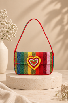 Rainbow Striped Heart Hand-Beaded Shoulder Bag for Women