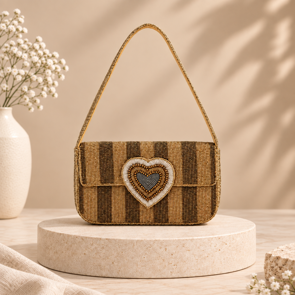 Golden Heart Hand-Beaded Shoulder Bag