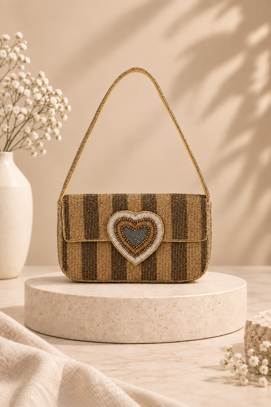 Golden Heart Hand-Beaded Shoulder Bag