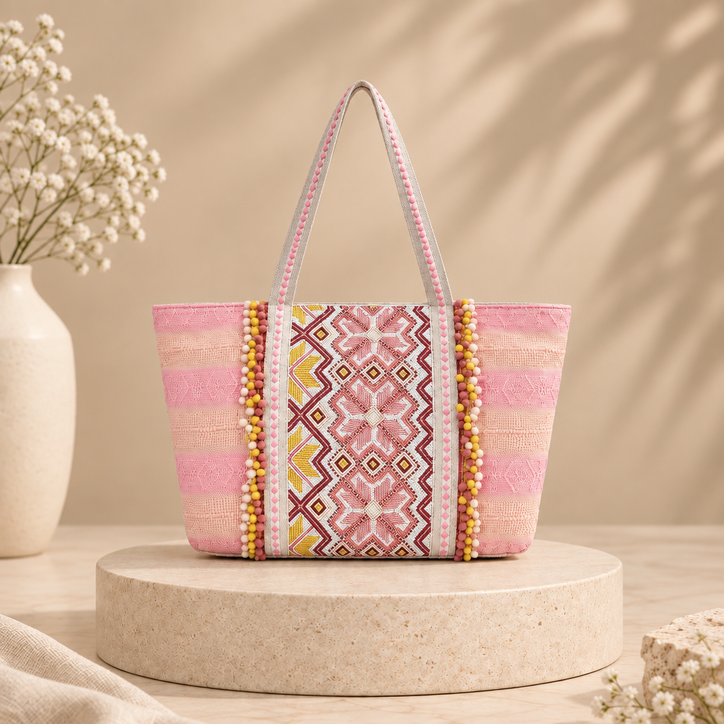 Amara Pink Heritage Beaded Tote Bag