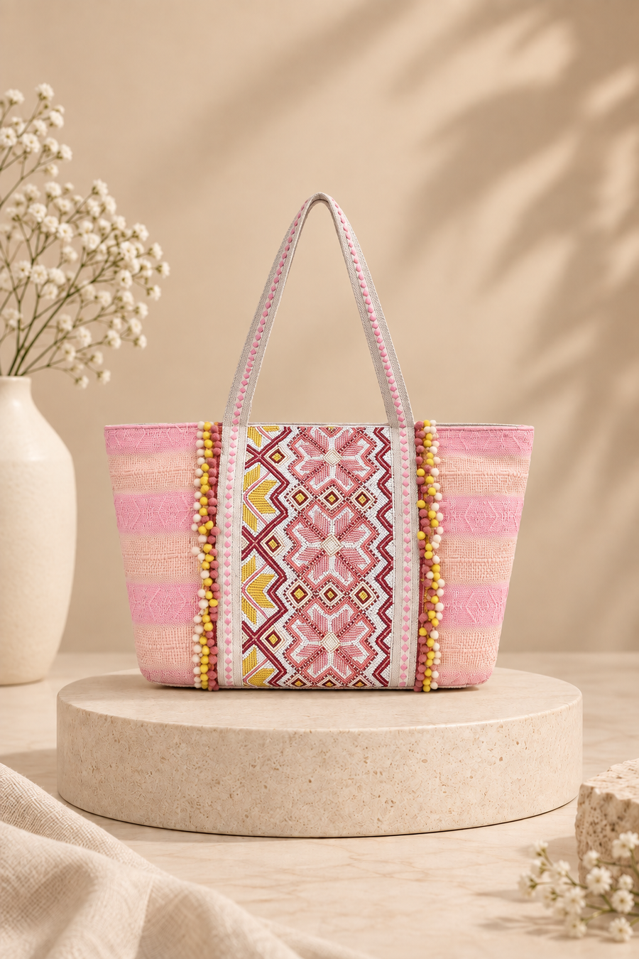 Amara Pink Heritage Beaded Tote Bag