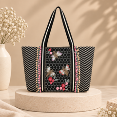 Elara Black Beaded Butterfly Tote Bag