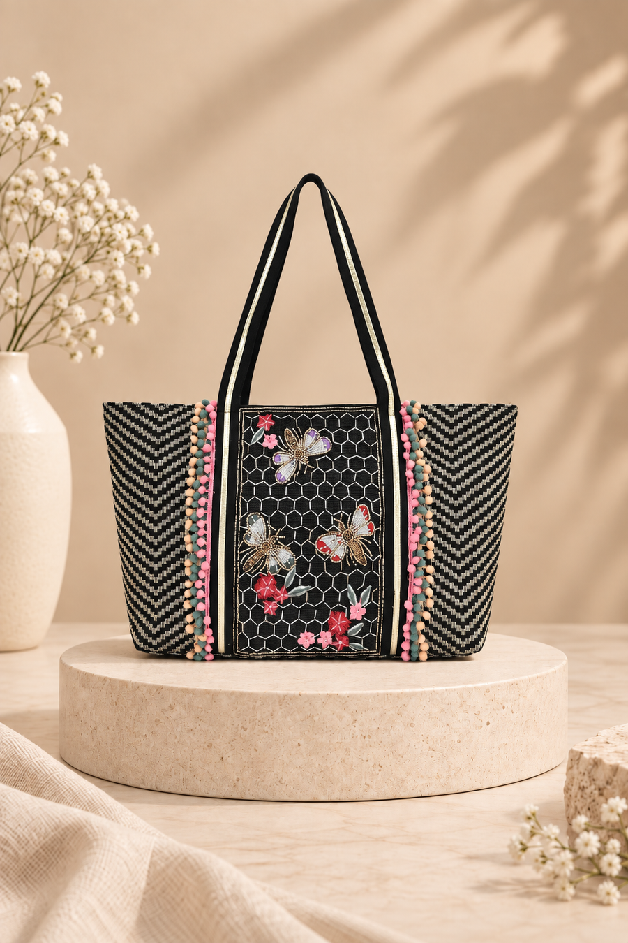 Elara Black Beaded Butterfly Tote Bag