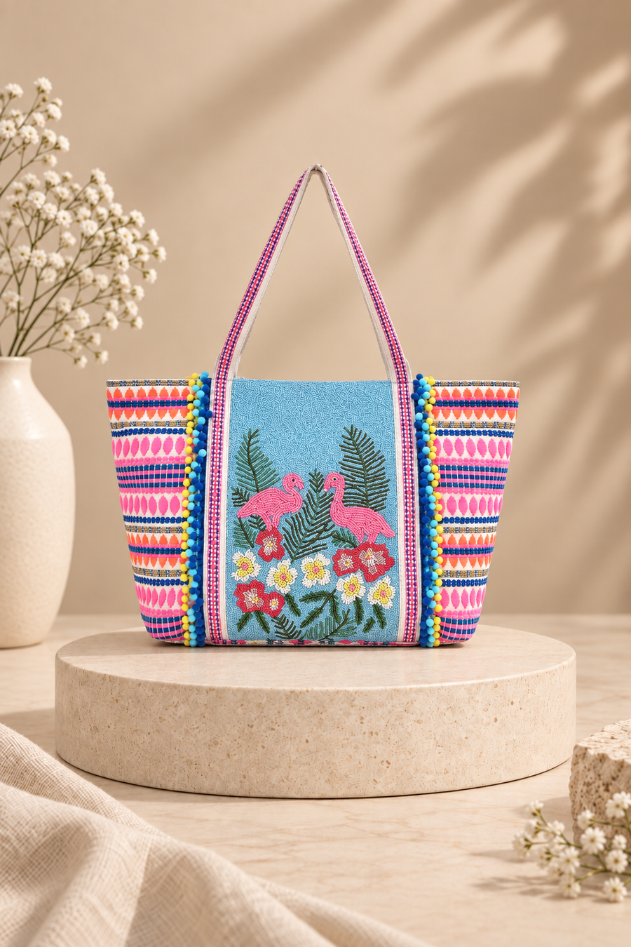 TropiBelle Flamingo Beaded Tote Bag