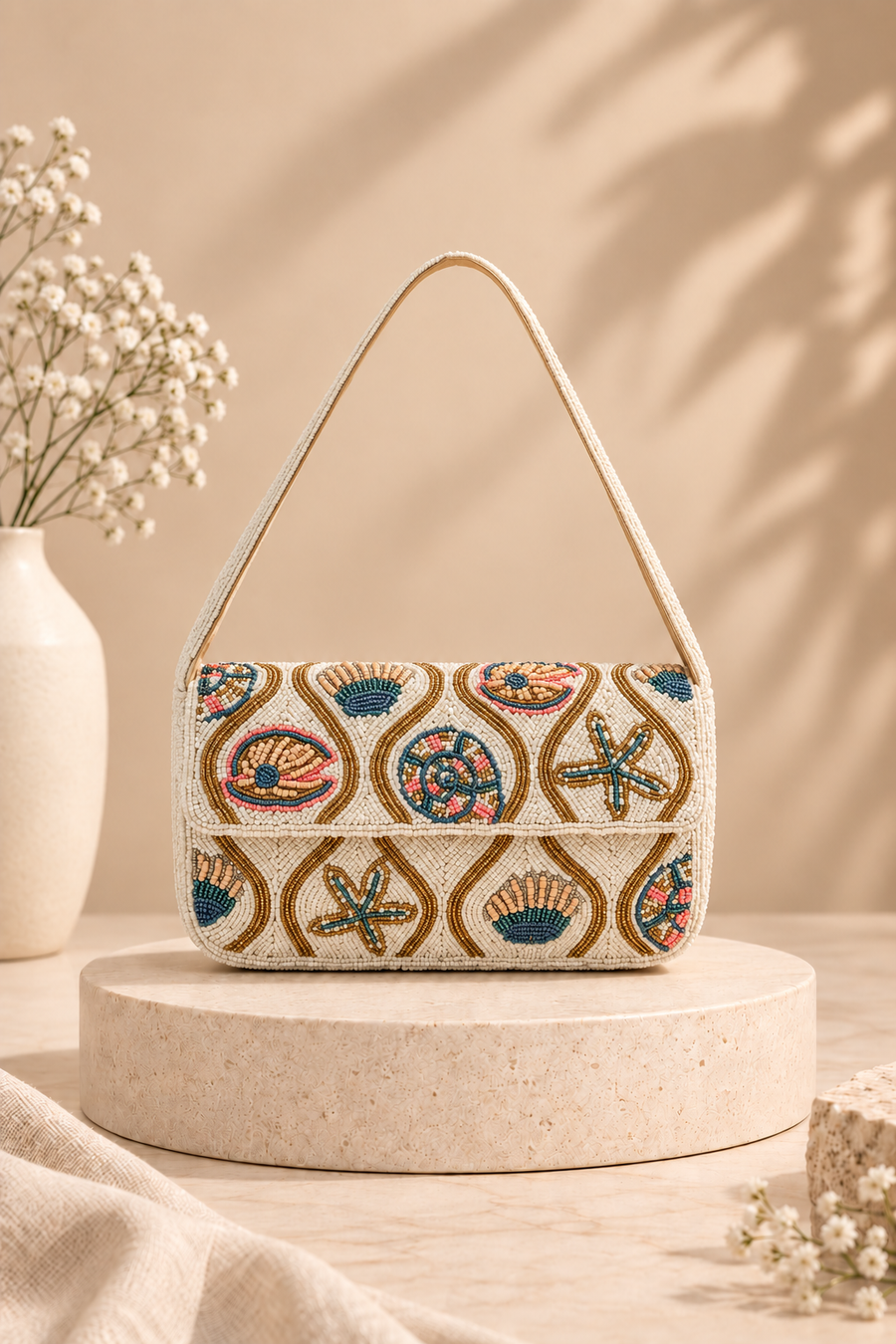 Rosy Radiance Hand-Beaded Shoulder Bag