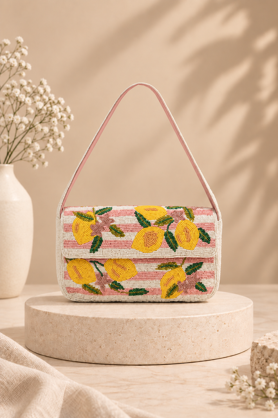 Lemon Citrus Burst Hand-Beaded Shoulder Bag