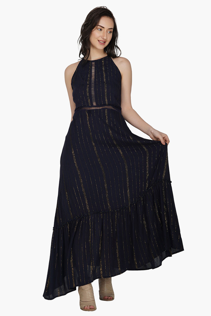 Midnight Sparkle Halter Maxi Dress