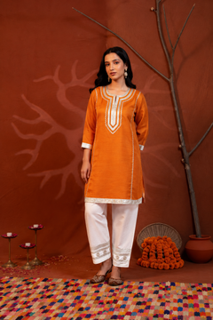 Rust Orange Gota Lace A-Line Kurta with White Embellished Pant Set