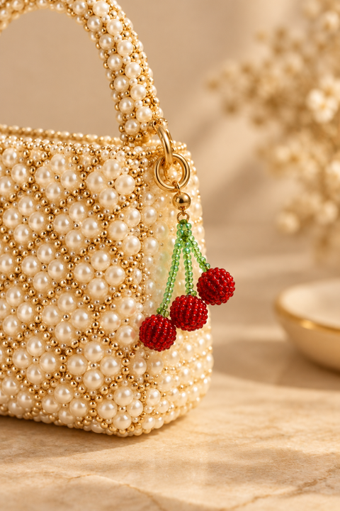 Triple Cherry beaded bag charm