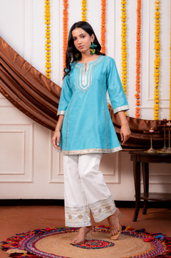 Women Turquoise Blue Dupion Silk Kurta with Off-White Farsi Salwar Set