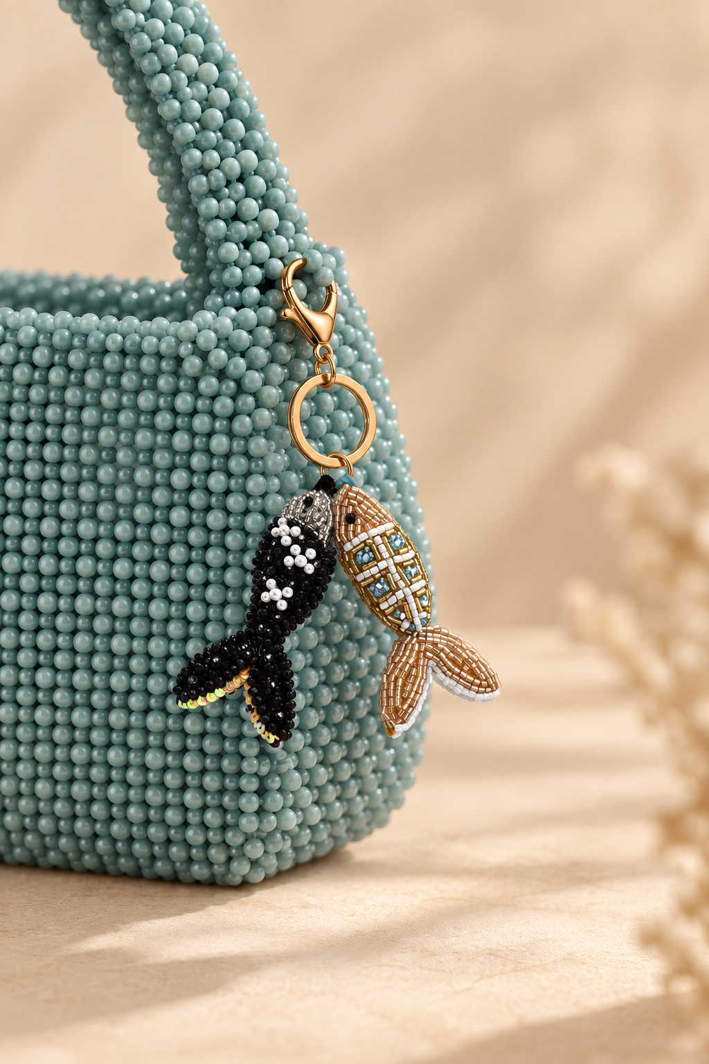 Twin Fish beaded keychain with black pearl beaded fish and gold crystal lattice fish.
