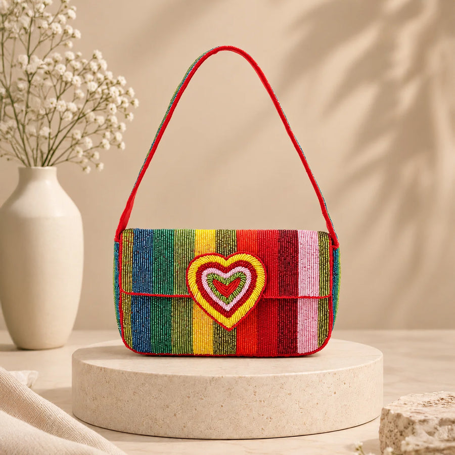 Rainbow Striped Heart Hand-Beaded Shoulder Bag for Women