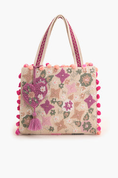 Whimsical beige mini tote bag with pink floral embroidery