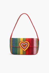 Rainbow Striped Heart Hand-Beaded Shoulder Bag for Women