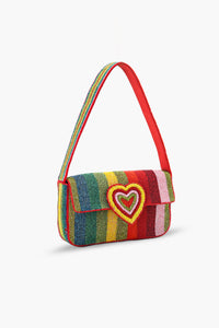 Rainbow Striped Heart Hand-Beaded Shoulder Bag for Women