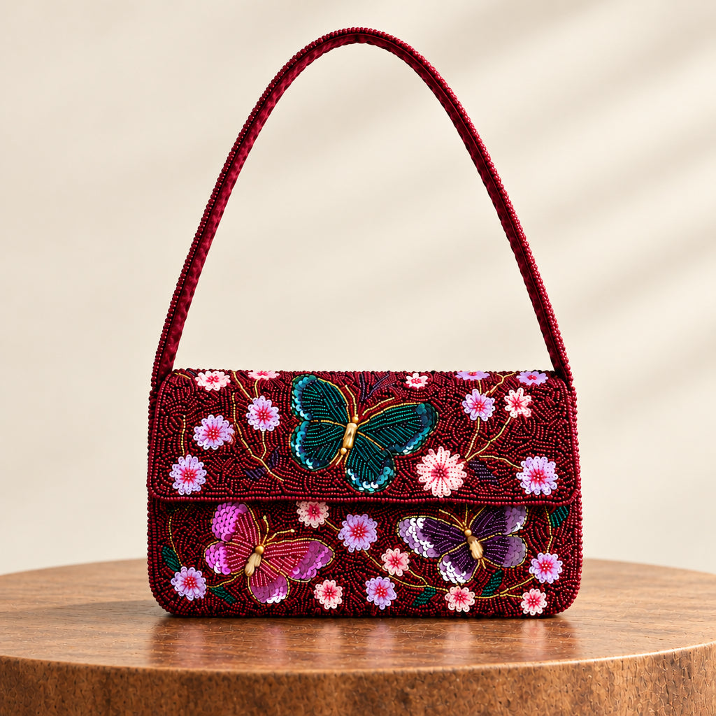 A burgundy beaded butterflies shoulder bag with a flap front.