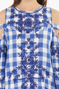 Gingham Bloom Cold-Shoulder Mini Dress