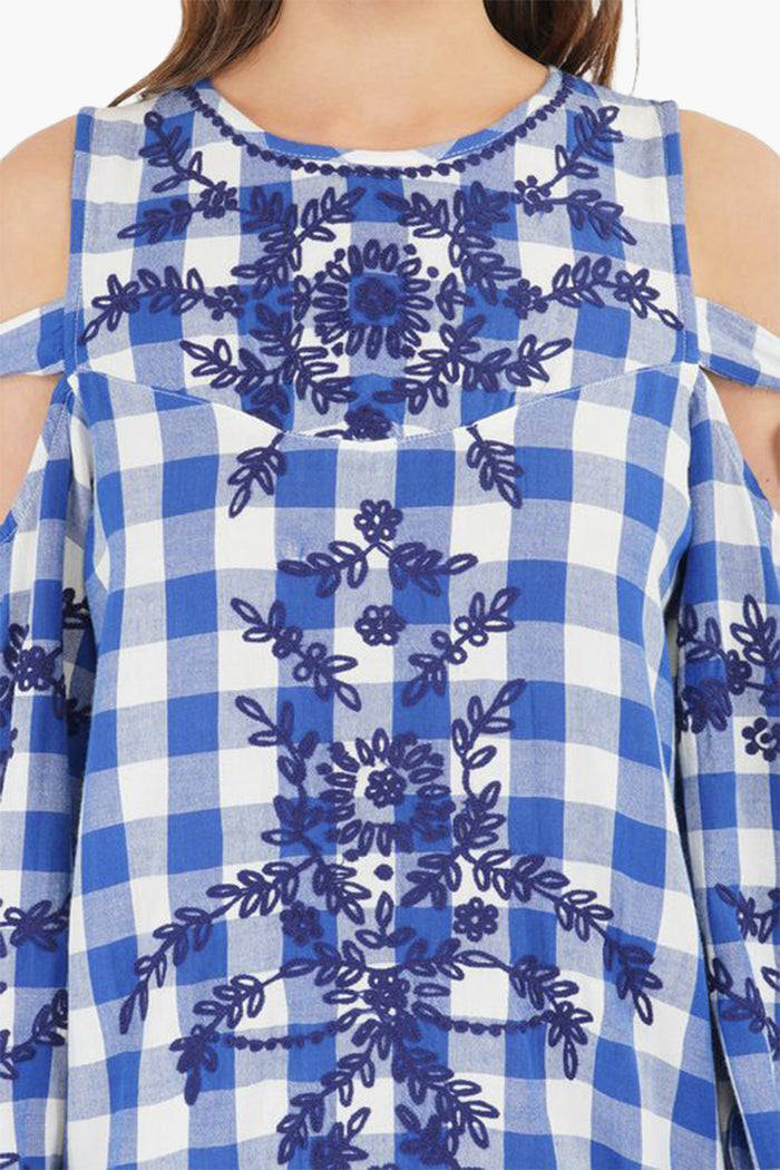 Gingham Bloom Cold-Shoulder Mini Dress