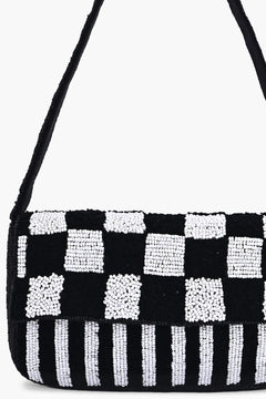 Black and white checkerboard beaded shoulder bag