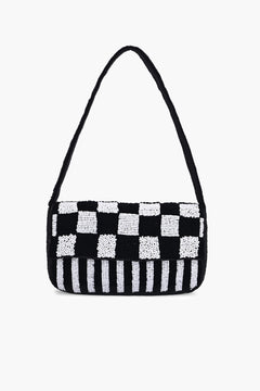 Black and white checkerboard beaded shoulder bag