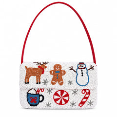 White beaded Christmas shoulder bag with reindeer, gingerbread man, snowman, candy cane and red strap