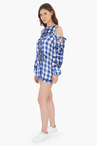 Gingham Bloom Cold-Shoulder Mini Dress